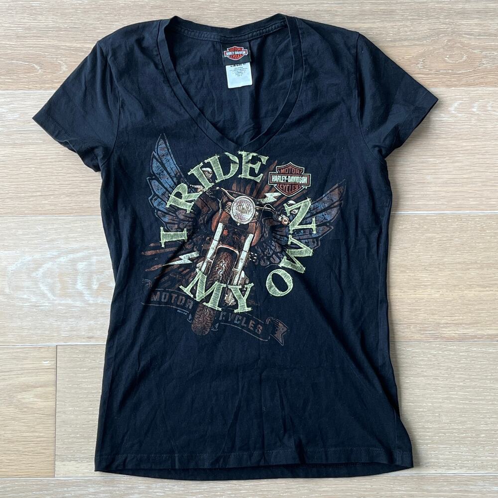 Harley Davidson I Ride My Own V-neck Short Sleeve Black Tee